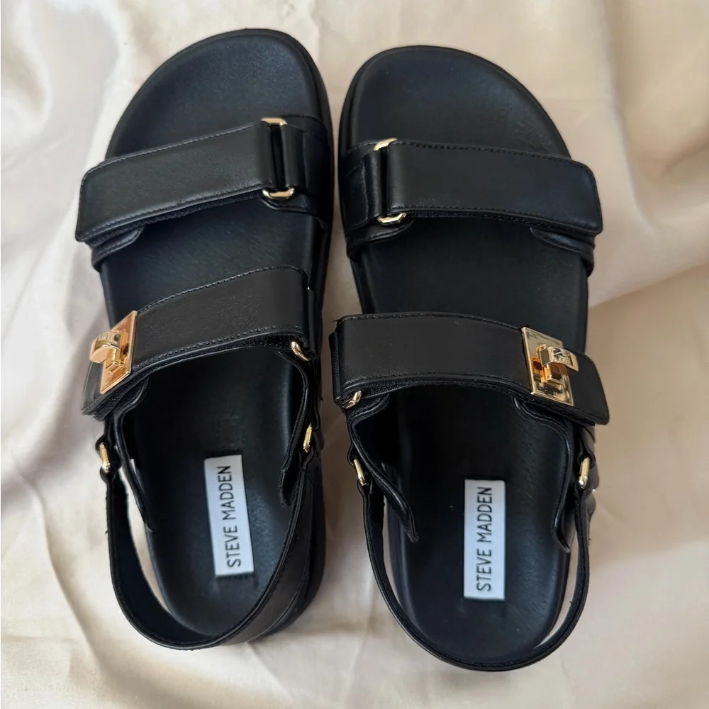 Steve Madden Black Sandals with Gold Accents - Picture 1 of 16